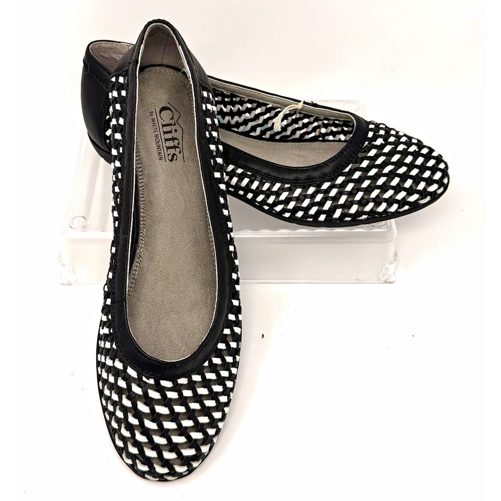 NEW Cliffs -White Mountain Woven Leather Slip-On Ballet Flats Black/White 8.5 M